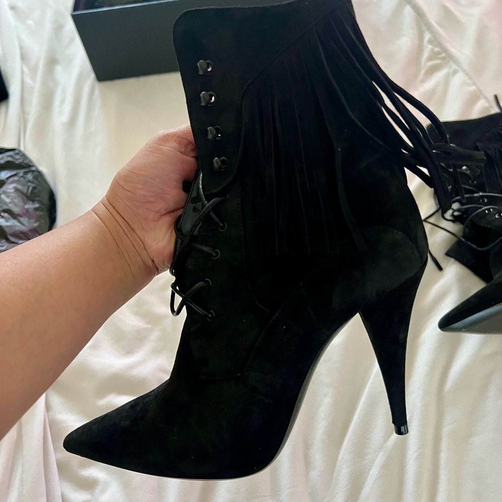 Saint Laurent  Kiki 100 Lace Up Fringe Boots Black - Picture 5 of 12